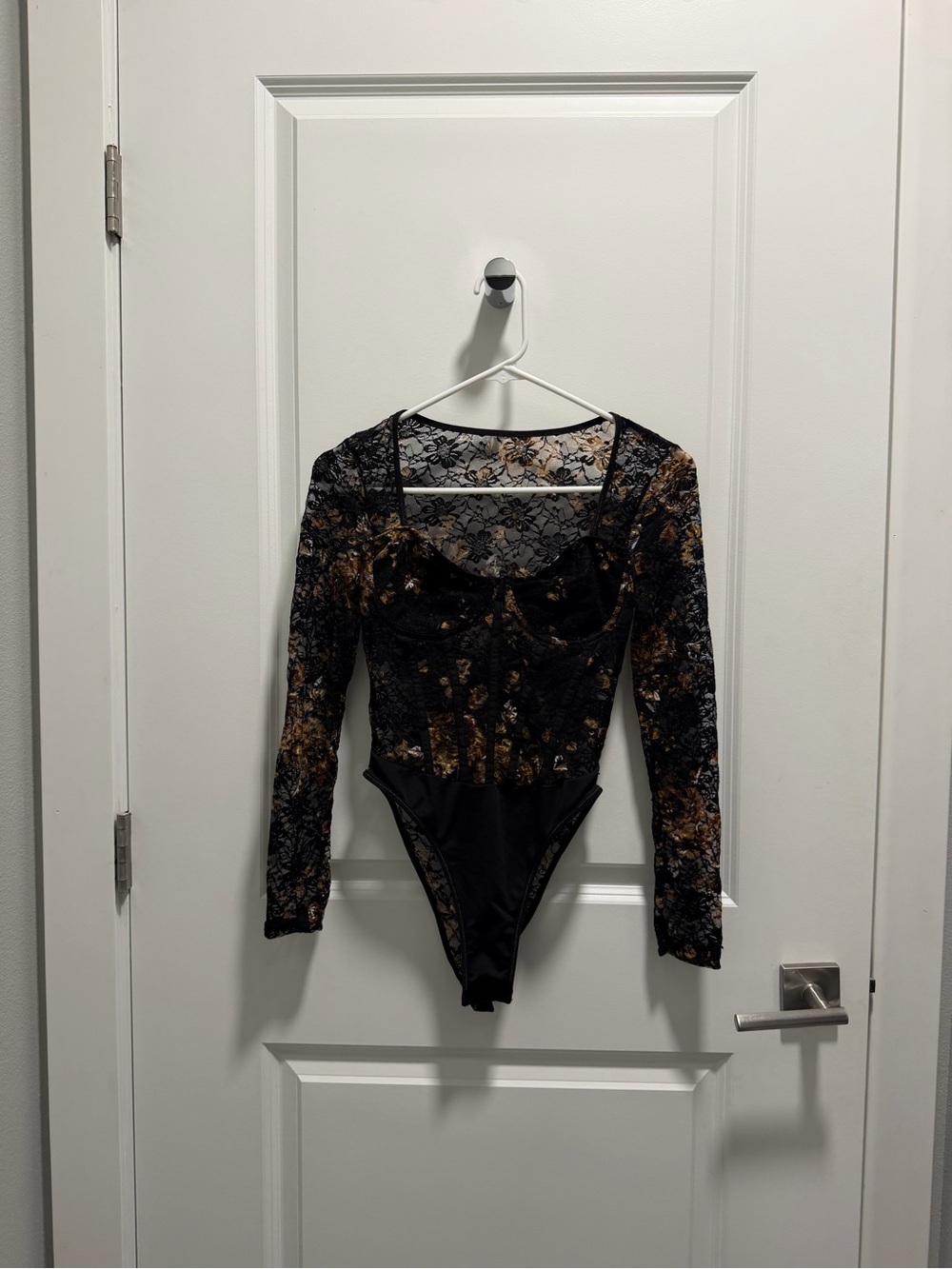 SHEIN Black Lace Bodysuit with Brown Floral Accents
